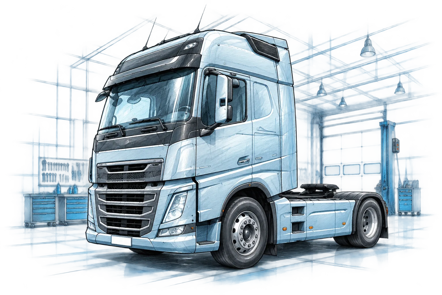 Camion industriale in officina, illustrazione tecnica